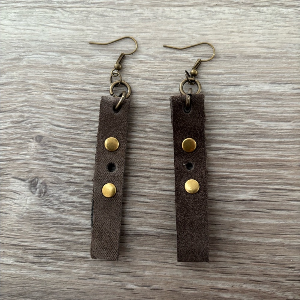 Genuine Leather Brown Dangling Earrings with Gold Rivets
